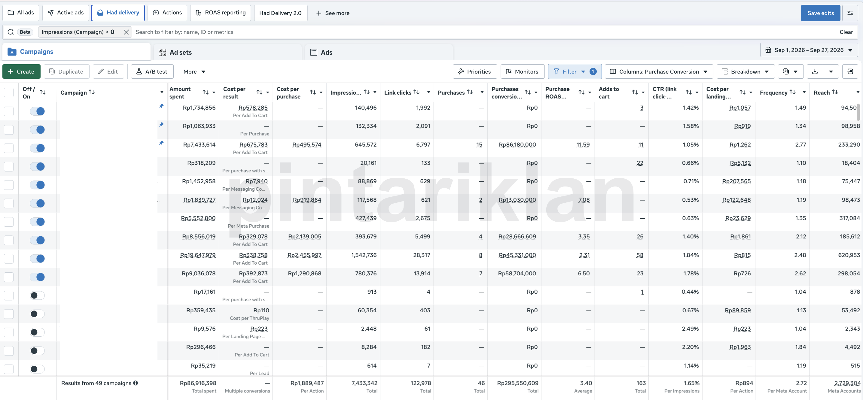 Meta Ads: belanja Rp86.916.398, nilai pembelian Rp295.550.609, 46 pembelian, ROAS 3,40